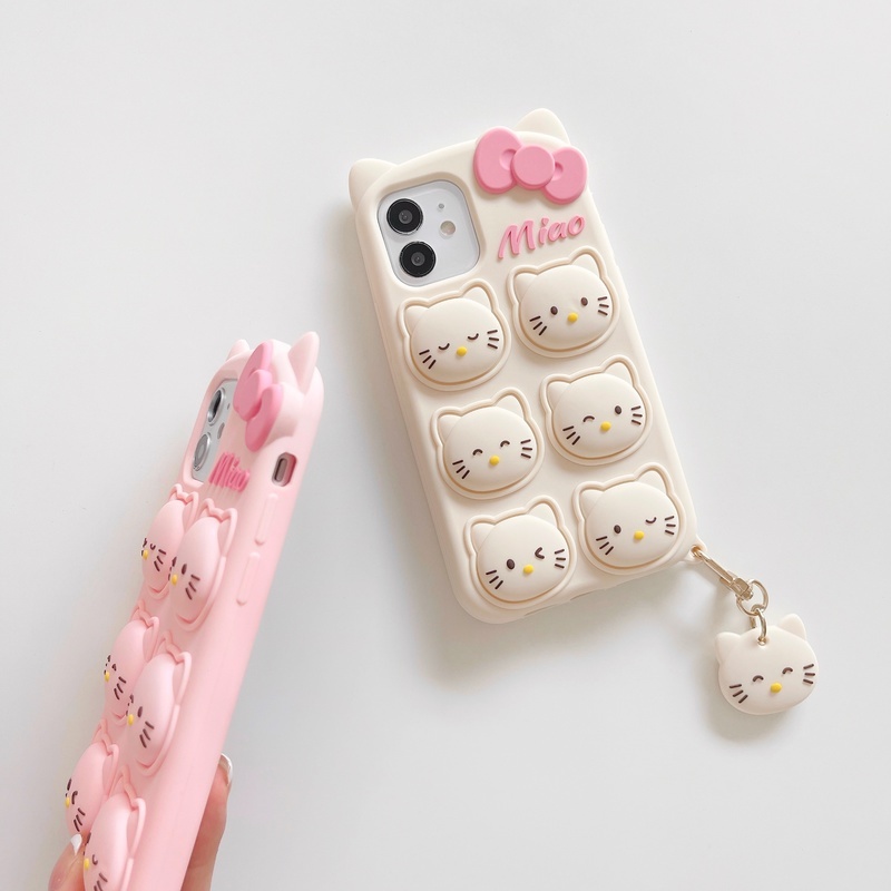 Relieve Stress Pop Fidget Toys Phone Case for iphone 11 12 Pro MAX X XS XR 6 S 7 8 Plus SE 2020 Bow Cat Push Bubble Soft Silicone Cover With Cartoon Cat Pendant