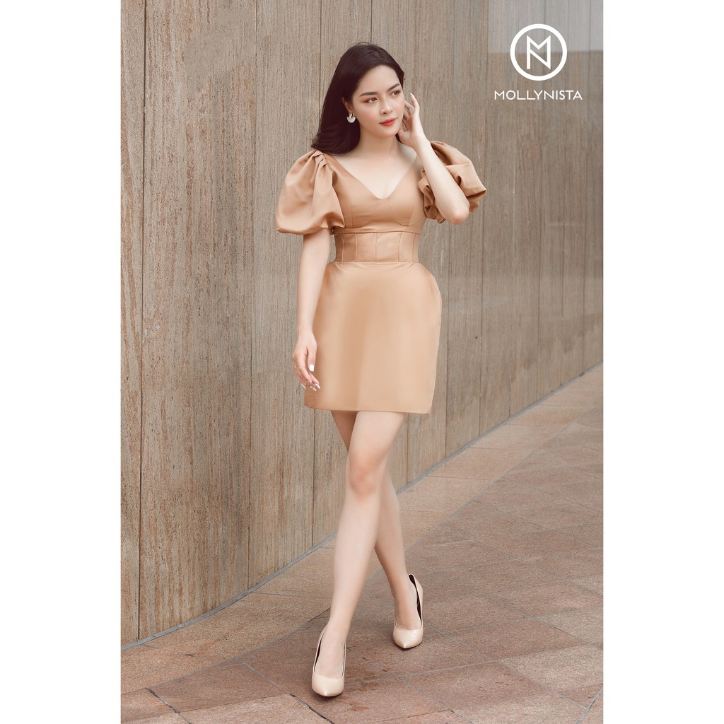 MOLLYNISTA - Đầm Bobbie nâu tay phồng xếp bí | BigBuy360 - bigbuy360.vn