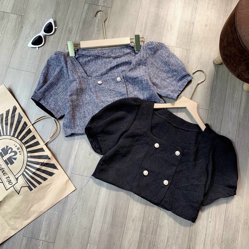 Áo vải dạ tweed croptop tay ngắn, vải bố cổ U 4 nút tay phồng - S0U