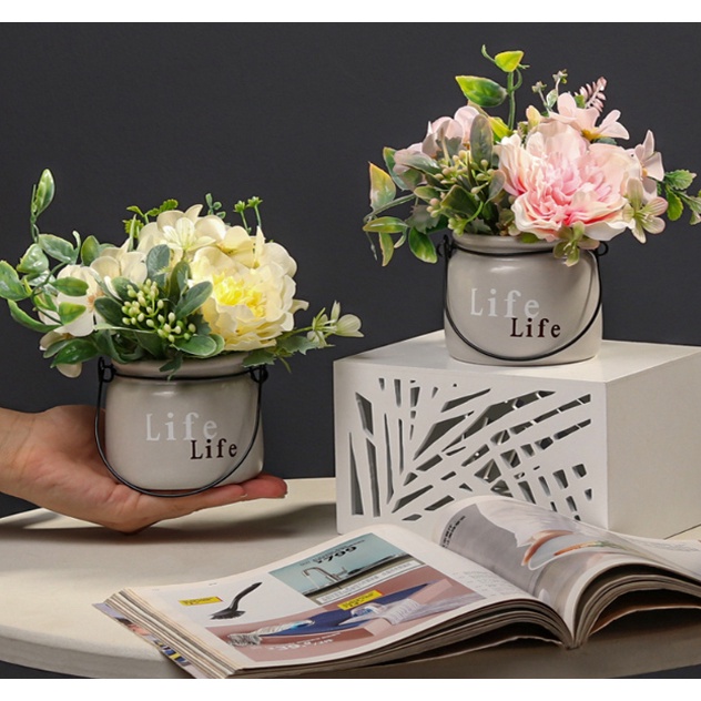 Chậu hoa giả cắm sẵn gồm chậu và hoa, bình hoa nhân tạo nhiều màu trang trí decor nhà cửa, trưng bày quà tặng