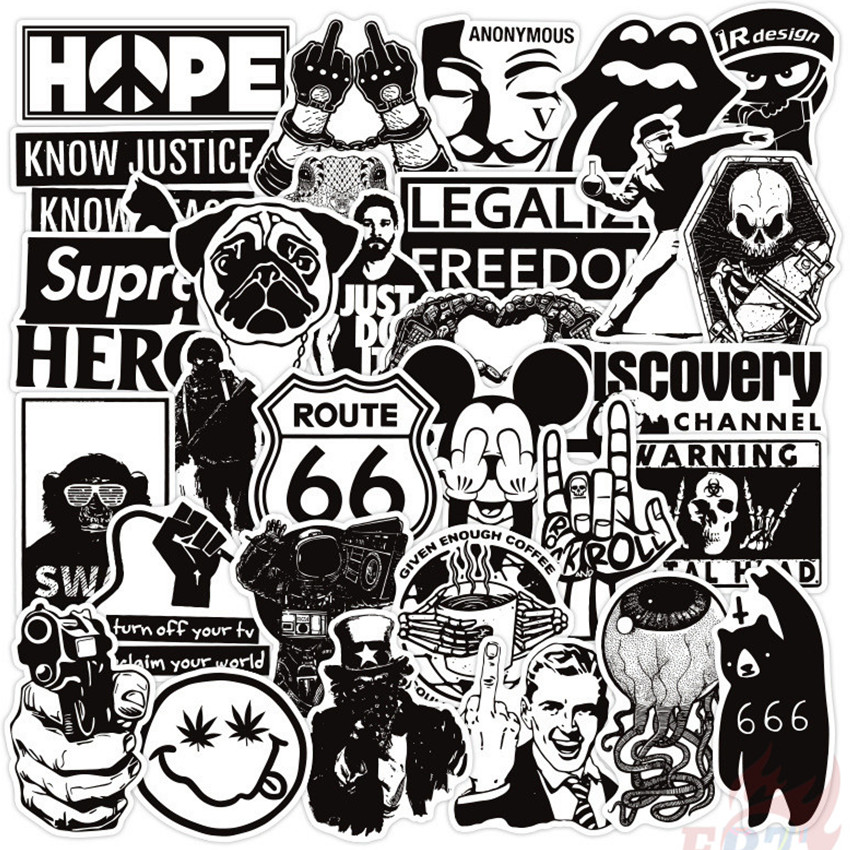 Set 100 miếng dán graffiti doodle hỗn hợp màu trắng đen phong cách cổ điển chống thấm nước thời trang DIY
