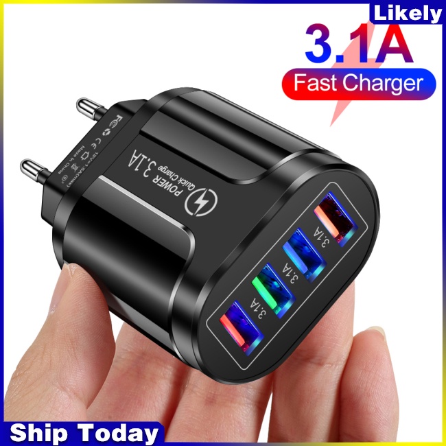 Củ Sạc Nhanh 3.1a 4U Usb Có Đèn Led Phích Cắm EU / US / UK Cho Điện Thoại