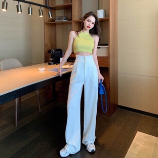 (Hàng Quảng Châu) Set trang phục áo len yếm croptop cột nơ cổ + quần dài trắng ống suông ulzzang style (TB)