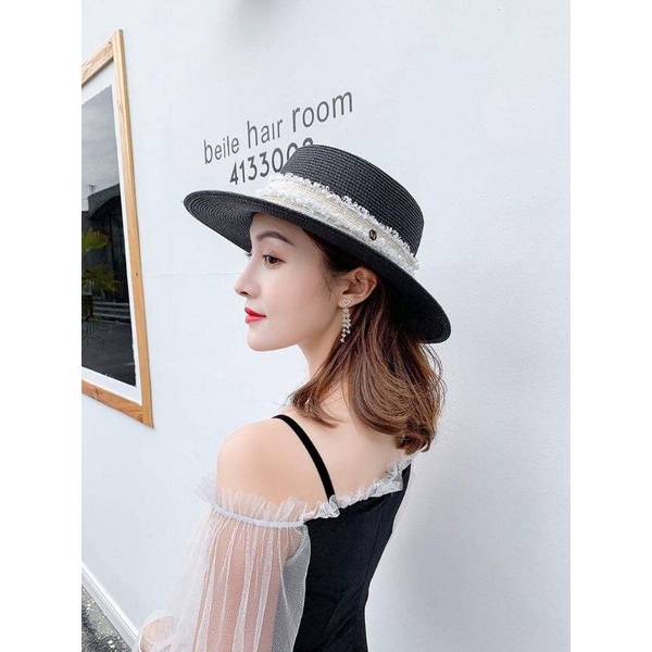 Mũ cói đi biển vành nhỏ nhiều màu đai tua rua trắng sang chảnh