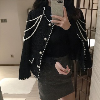 (SẴN) Áo dạ tweed đen viền cúc ngọc