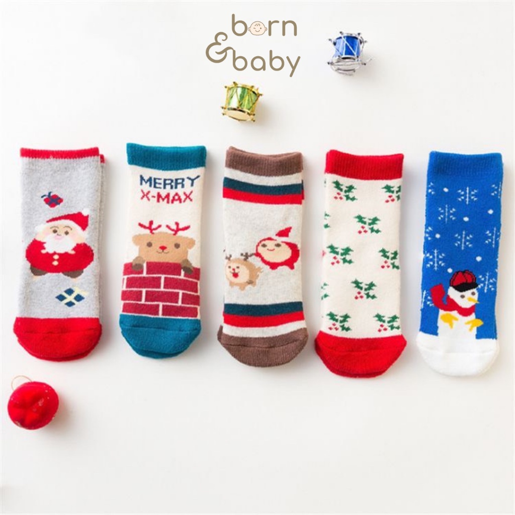 Tất noel cho bé vớ trẻ em gái trai sợi len êm chân mềm mịn set 5 đôi nhiều màu sắc dễ thương Bornbaby BB010