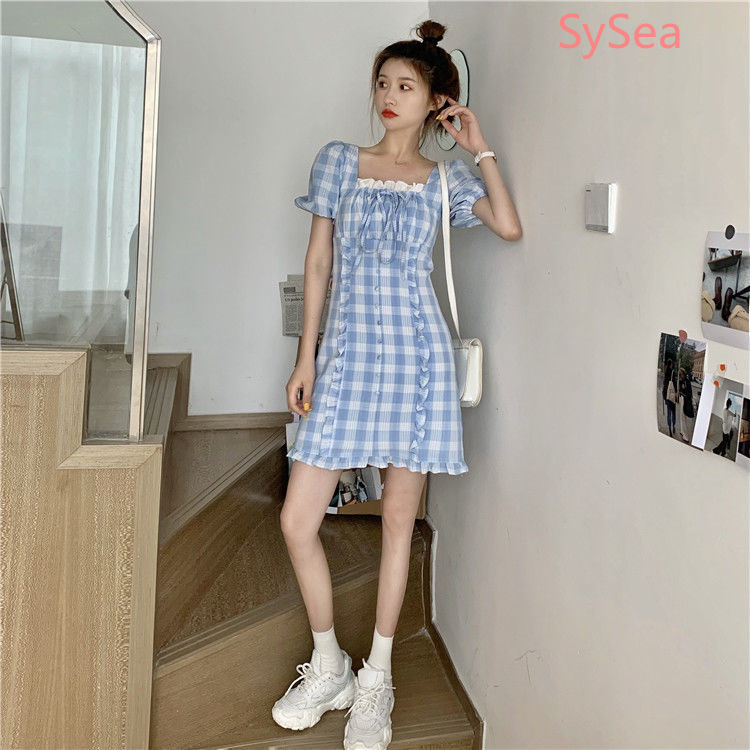 Đầm Ngắn Tay Họa Tiết Ca Rô Xinh Xắn Dành Cho Nữ