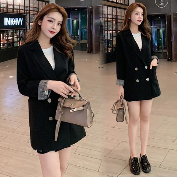 (Hàng Đẹp)Ảnh thật 3 hình cuối-2W428.Áo blazer thời trang dáng dài tay kẻ Hàn Quốc