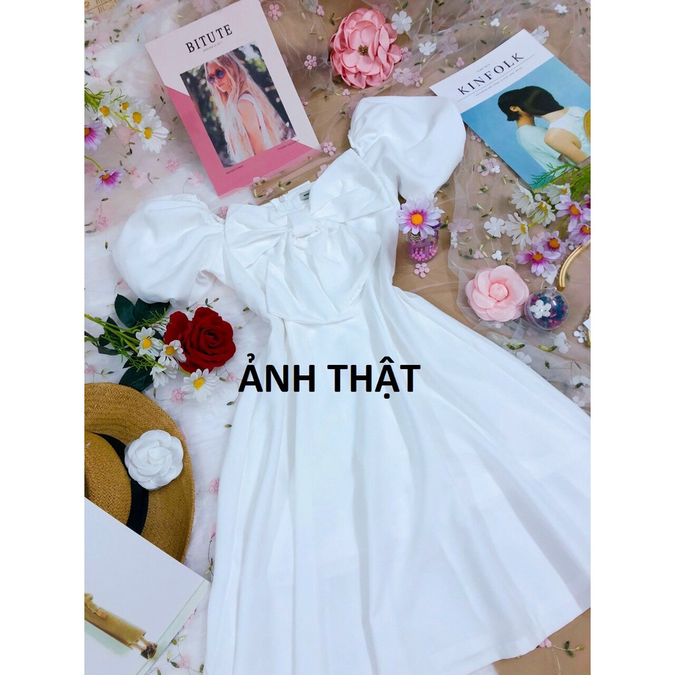 Váy Trắng Thiết Kế Nơ Ngực Tay Phồng Siêu Đẹp Hanaki HNK333 | WebRaoVat - webraovat.net.vn