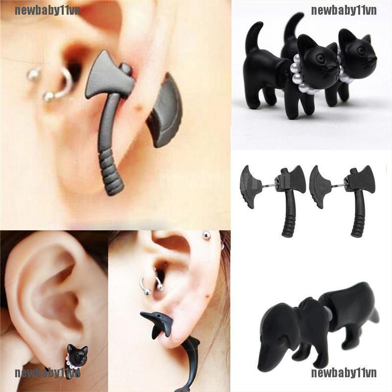 1 Khuyên Tai Unisex Hình Mèo Đen Ngọc Trai