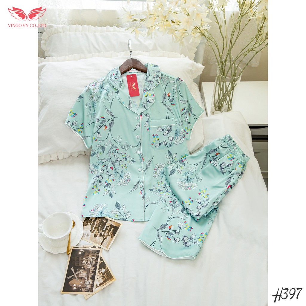 VINGO Bộ Đồ Mặc Nhà Nữ Kiểu Pyjama Lụa Pháp Tay Cộc Quần Lửng Họa Tiết Lá Sang Trọng Vingo Cao Cấp H397 VNGO