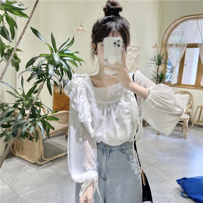 Áo sơ mi voan dài tay bèo nhún siêu cổ tích nhẹ nhàng, áo nữ mẫu mới mùa thu năm 2021 ❤️