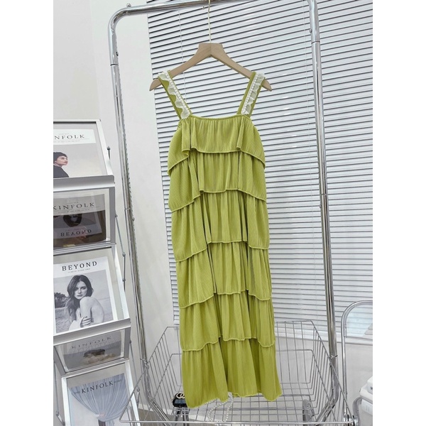 VÁY/ĐẦM MAXI HAI DÂY SUÔNG TĂM LY TẦNG DÀI, DÂY CHẠY VIỀN NGỌC 2 MÀU ĐEN-XANH HOT