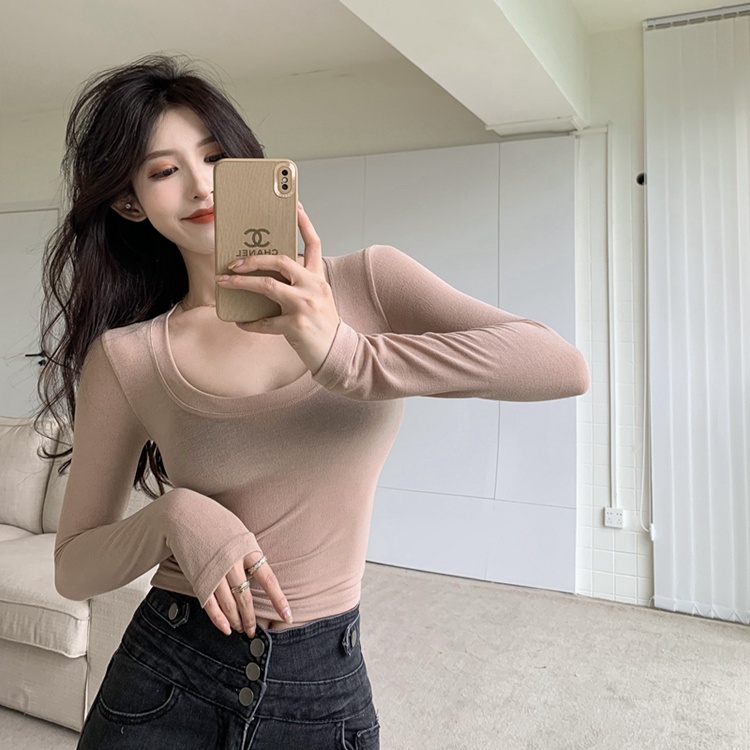 Áo thun QKOOLE tay dài cổ chữ U phong cách Hàn Quốc thời trang cho nữ