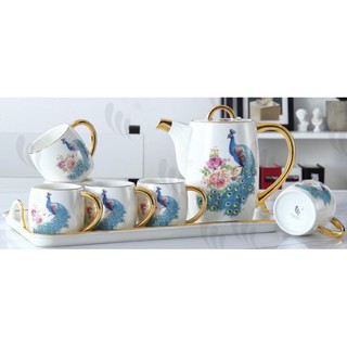 BỘ ẤM PHA TRÀ KÈM KAY, BỘ ẤM CHÉN KÈM KHAY HỌA TIẾT CHIM CÔNG