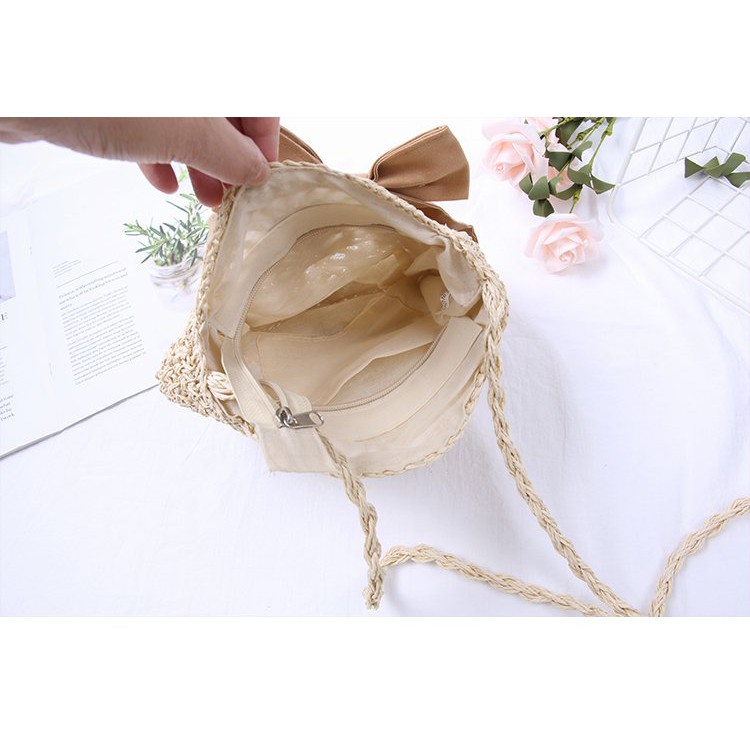 [NowShip - Giao Ngay] Túi Cói Boho Vintage Đeo Vai, Đeo Chéo Hình Tròn Dây Da Màu Nâu Be Trơn