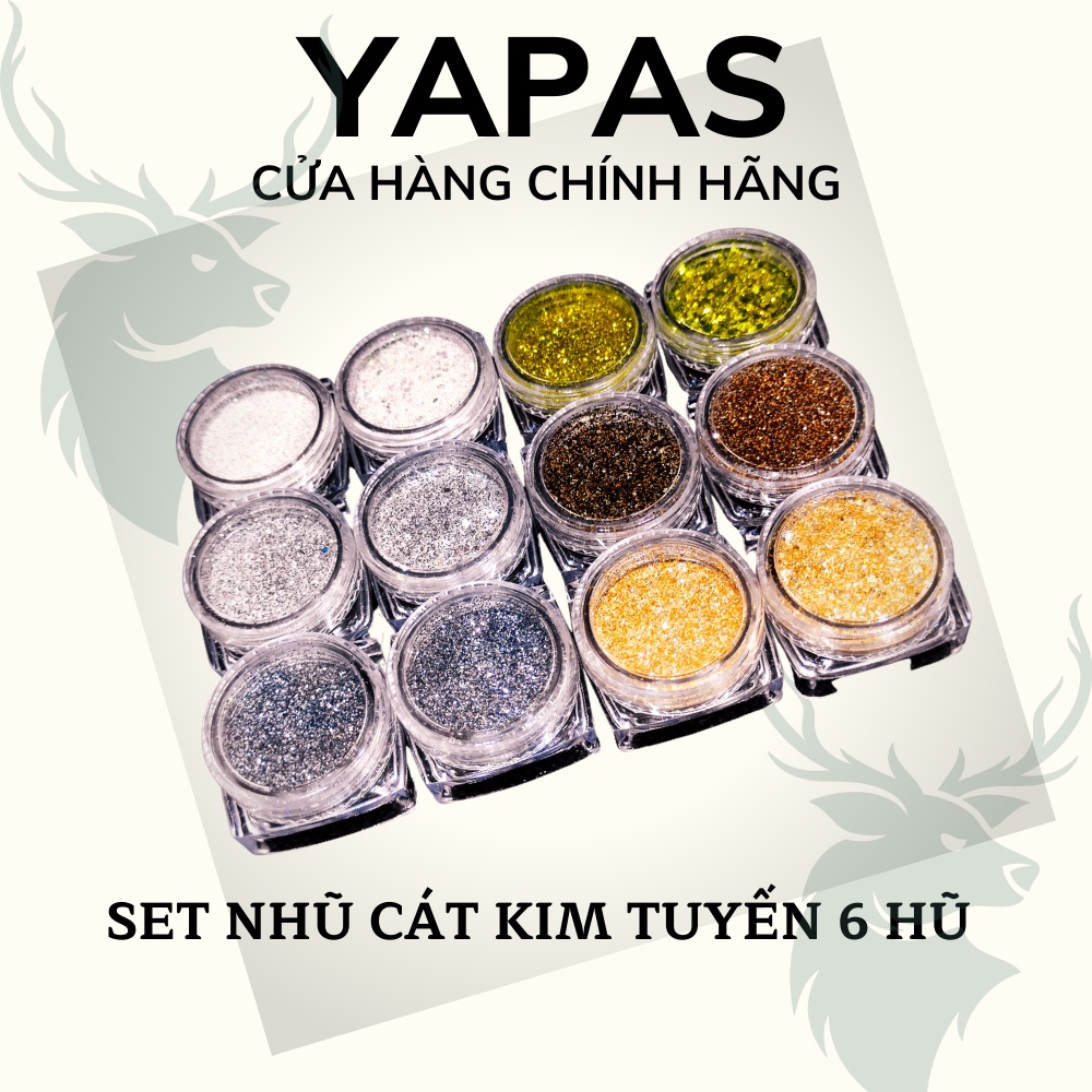 Set nhũ rắc móng nail kim tuyến vàng trắng , Set 6 hũ nhũ cát mịn Yapas ánh màu kim cương trang trí móng tay