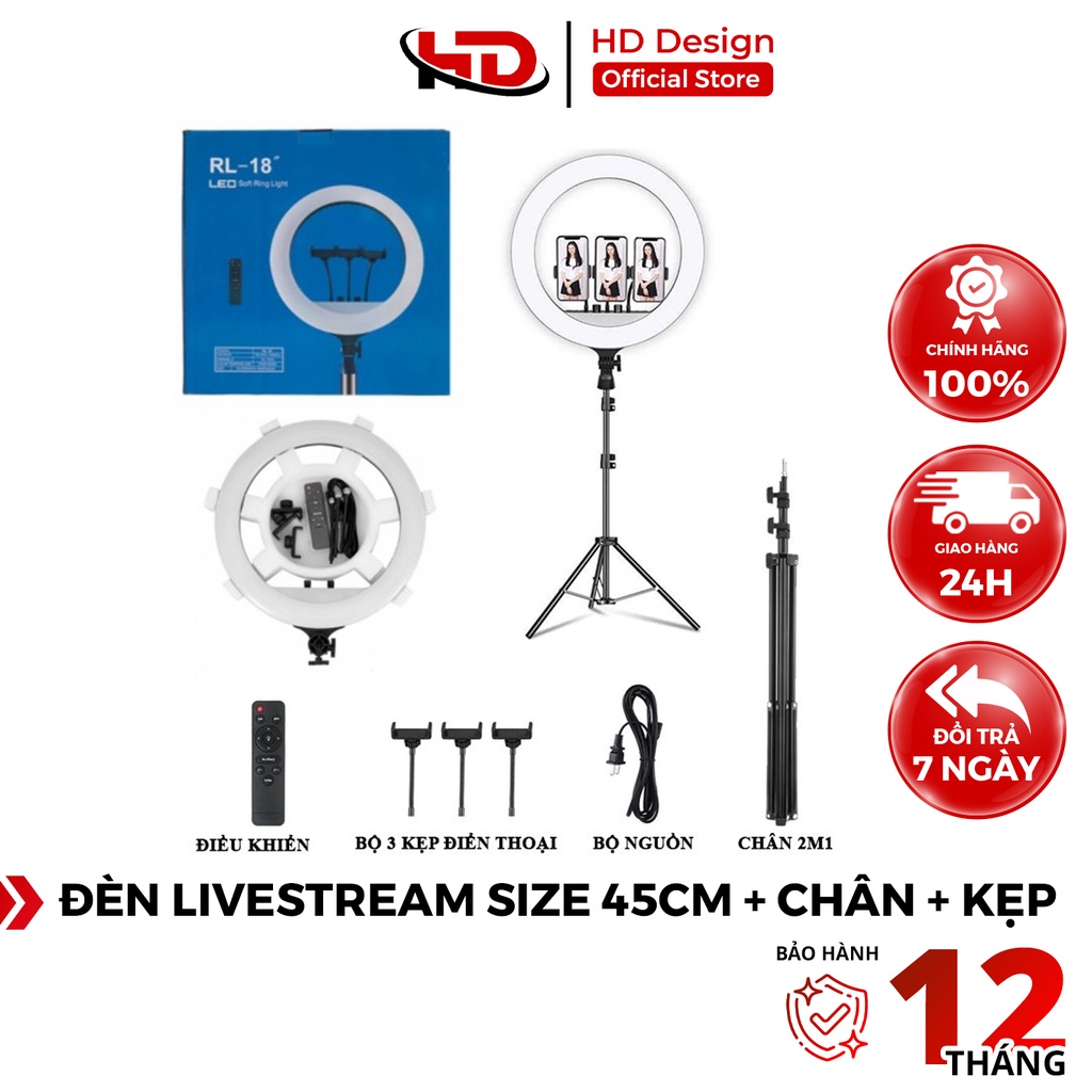 Bộ Đèn Live Stream RL 18 Size 45cm + Chân Đèn + Kẹp Điện Thoại