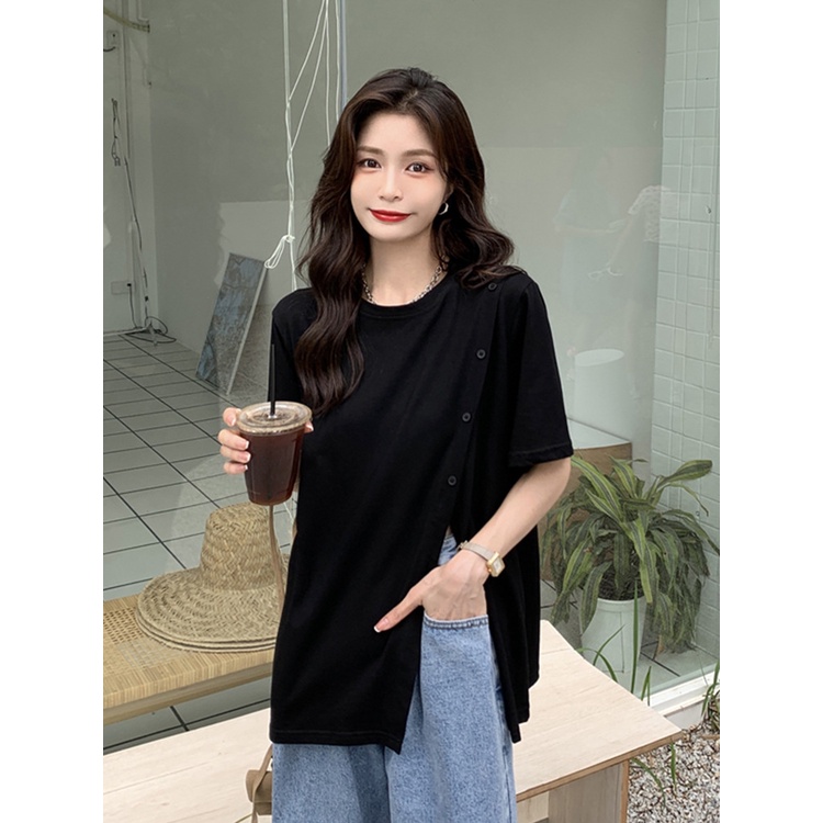 Áo thun cotton form rộng tay ngắn thiết kế xẻ tà phong cách thời trang Harajuku mùa hè cho nữ