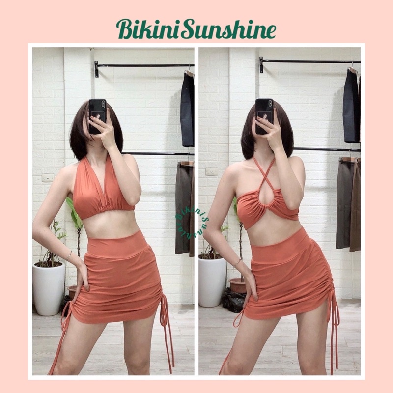 Bikini đồ bơi nữ đi biển 2 mảnh áo mặc 2 kiểu mix váy rút sườn BIKINI SUNSHINE MS-P12