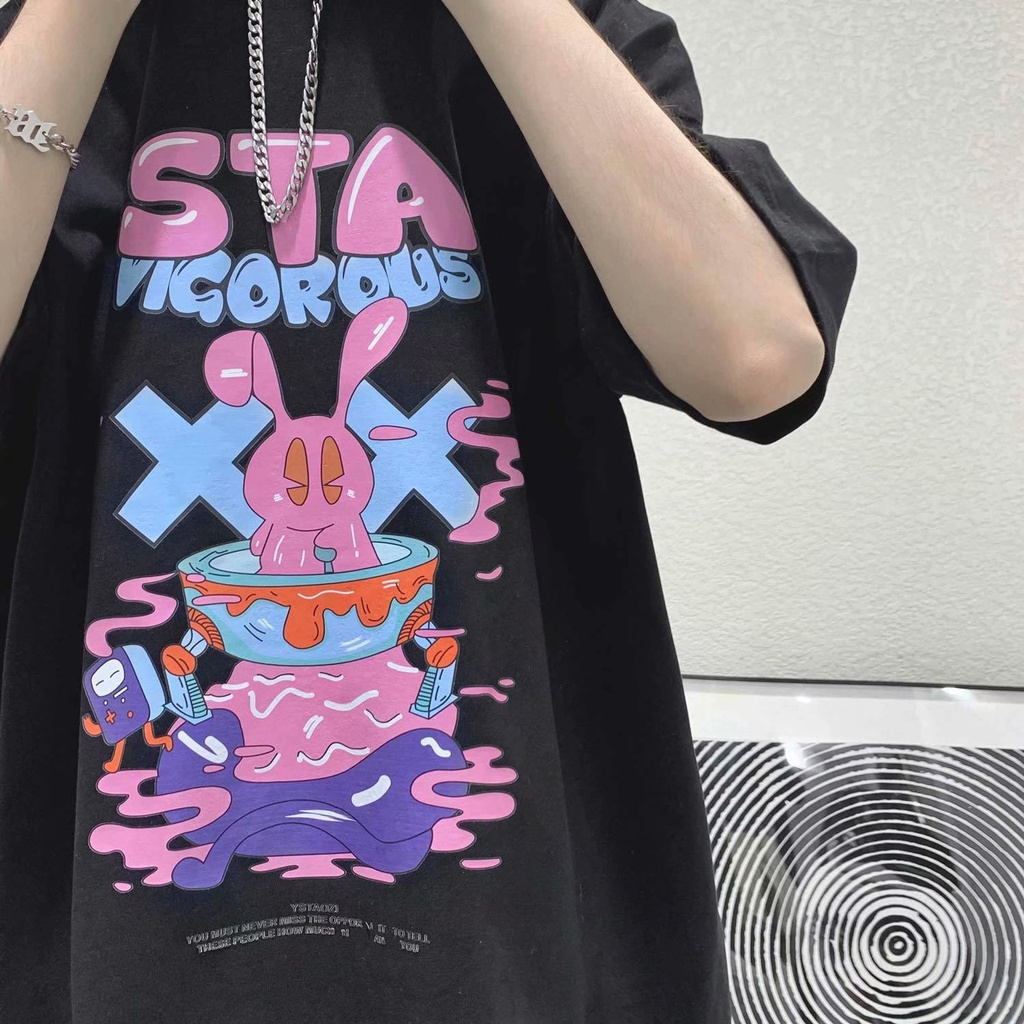 Áo thun tay ngắn dáng rộng họa tiết Graffiti phong cách Hong Kong thời trang mùa hè cho nam