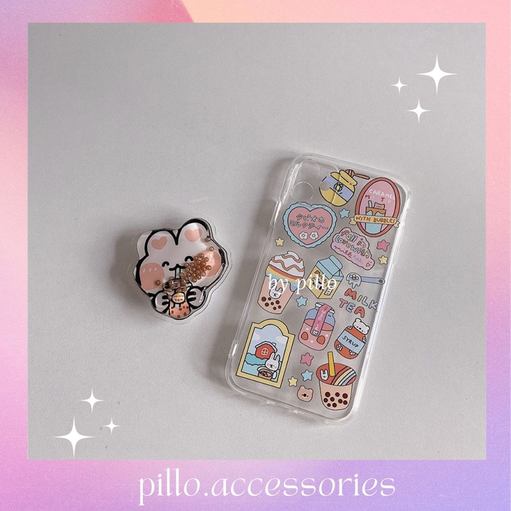 Ốp lưng điện thoại Iphone họa tiết trà sữa kèm popsocket thỏ cao cấp - Pillo A3