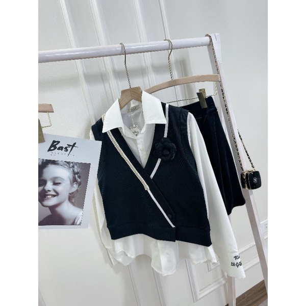 Set váy gile xinh 3 món áo gile len, sơ mi trắng, chân váy nhung dễ thương, ấm áp.Thời trang mùa đông.