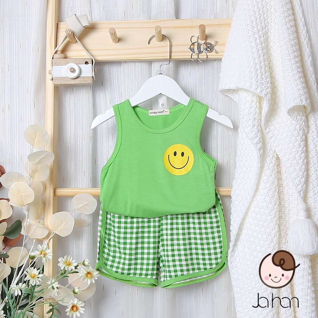 Bộ Ba Lỗ Cho Bé Trai, Bé Gái Minky Mom Vải Thun Lạnh Họa Tiết Mặt Cười Quần Kẻ, Bộ Mặc Nhà Cho Bé - BL4