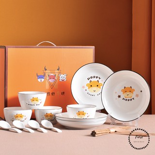 Bộ bát đĩa sứ Chú Bò Happy cho 2-4 người - có hộp làm quà tặng, decor bàn ăn cực xinh