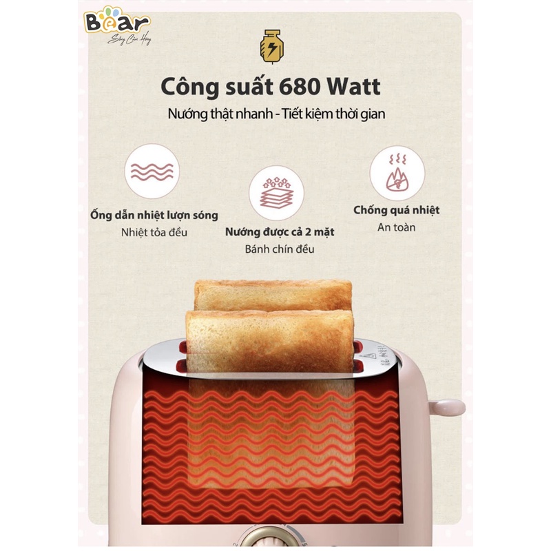 Máy Nướng Bánh Mì Bear DSL-601 Chính Hãng, bản quốc tế bảo hành 18 tháng công suất 680W , hồng pastel, nhỏ gọn tiện lợi