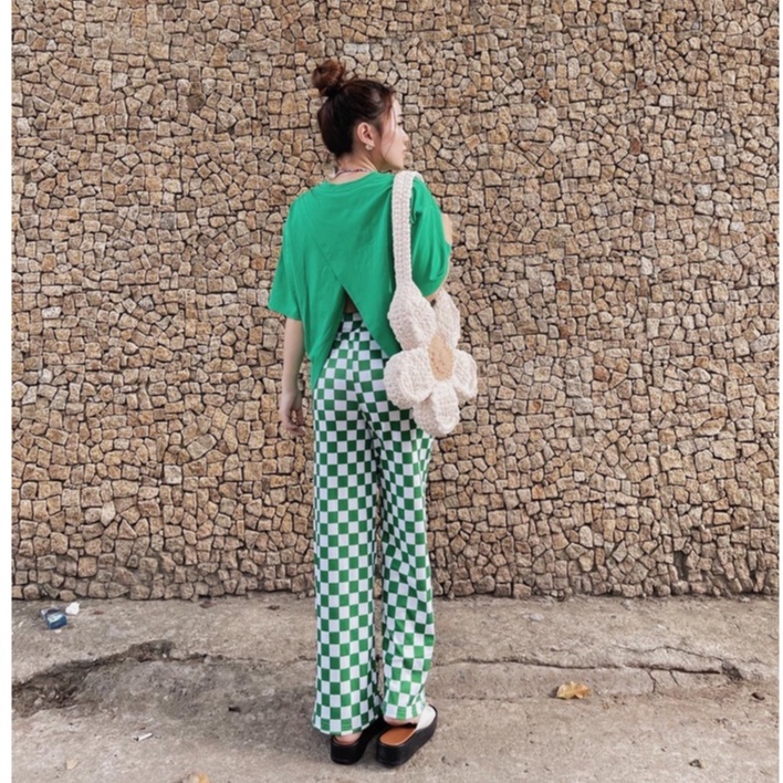 Set đồ bộ thun gân quần dài ống rộng họa tiết caro Gugumi