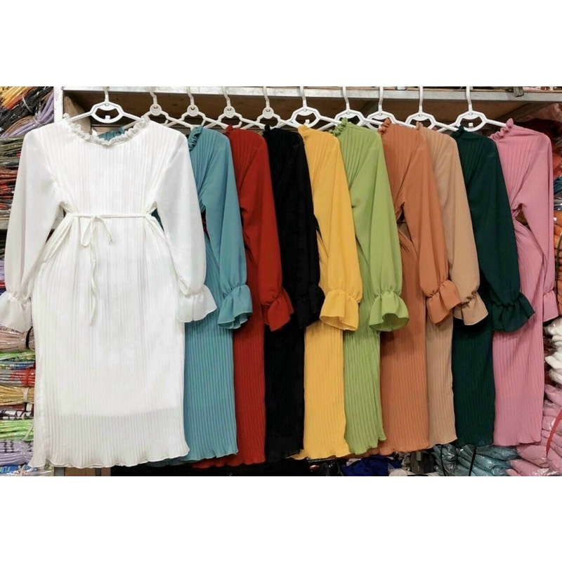 Đầm dập ly dáng suông tay dài cột eo siêu cưng -hình thật.