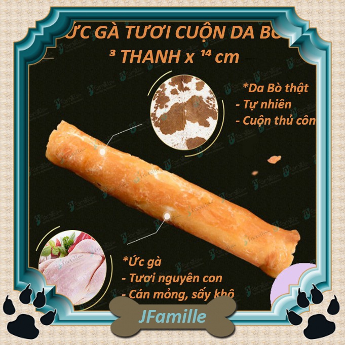 [GÓI 3PCS x 14CM]Xương Gặm JFamille, Gà Cuộn Da Bò Kích Thước 14cm, Chống Hôi Miệng, Sạch Mảng Bám.