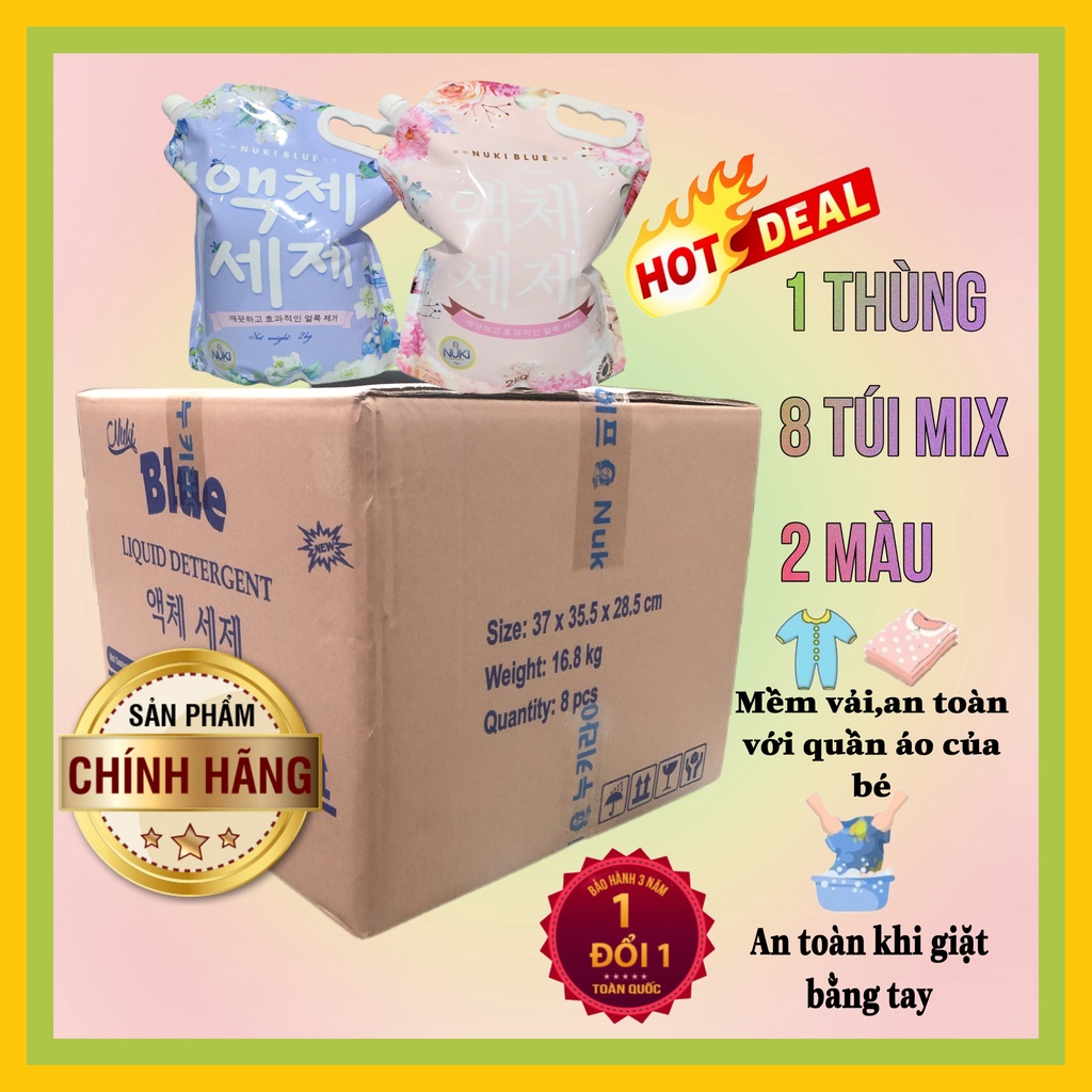 Thùng nước giặt Hàn Quốc 8 túi mix 2 màu Nuki Blue phiên bản có quai xách tiện lợi & mã QR check chính hãng