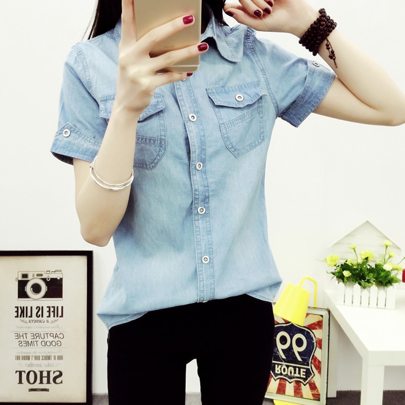 Áo Sơ Mi Denim Tay Ngắn Dáng Ôm Phong Cách Hàn Quốc Thời Trang Cho Nữ