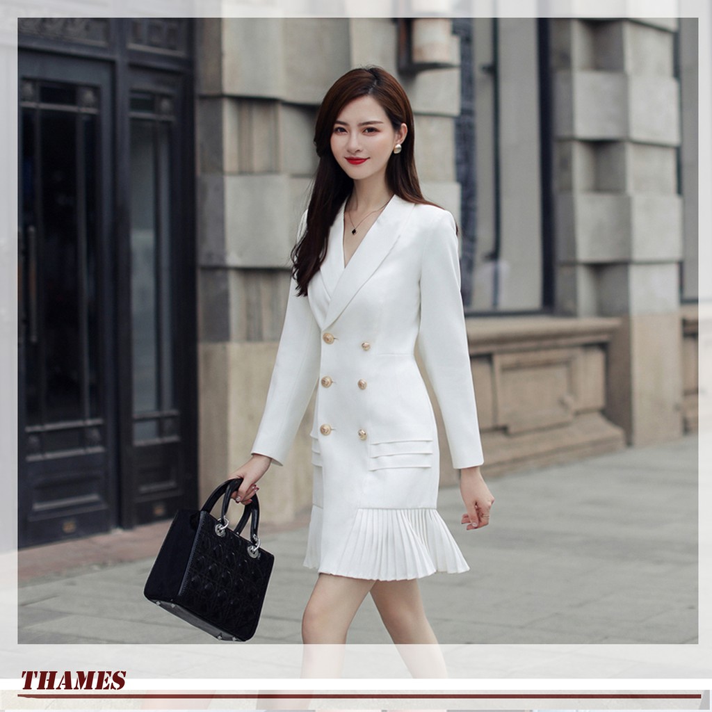 Váy Công Sở Cổ Vest Chân Xếp Ly