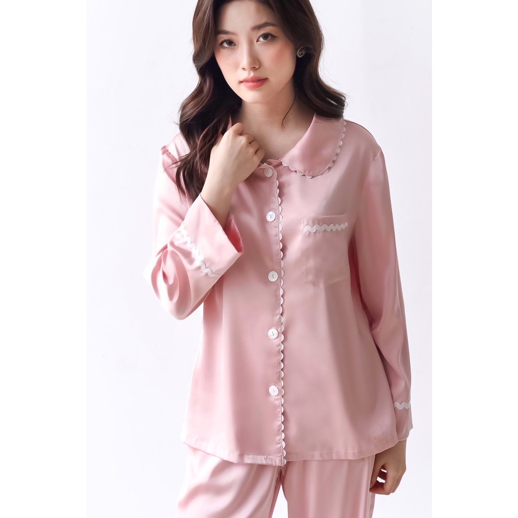 Đồ Bộ Pijama Nữ 𝐋𝐈𝐋𝐀𝐒 𝐁𝐋𝐀𝐍𝐂 Chất Liệu Lụa Cao Cấp Mềm Mại |  Kiểu Dáng Dài Tay, Quần Dài | Màu Hồng Baby