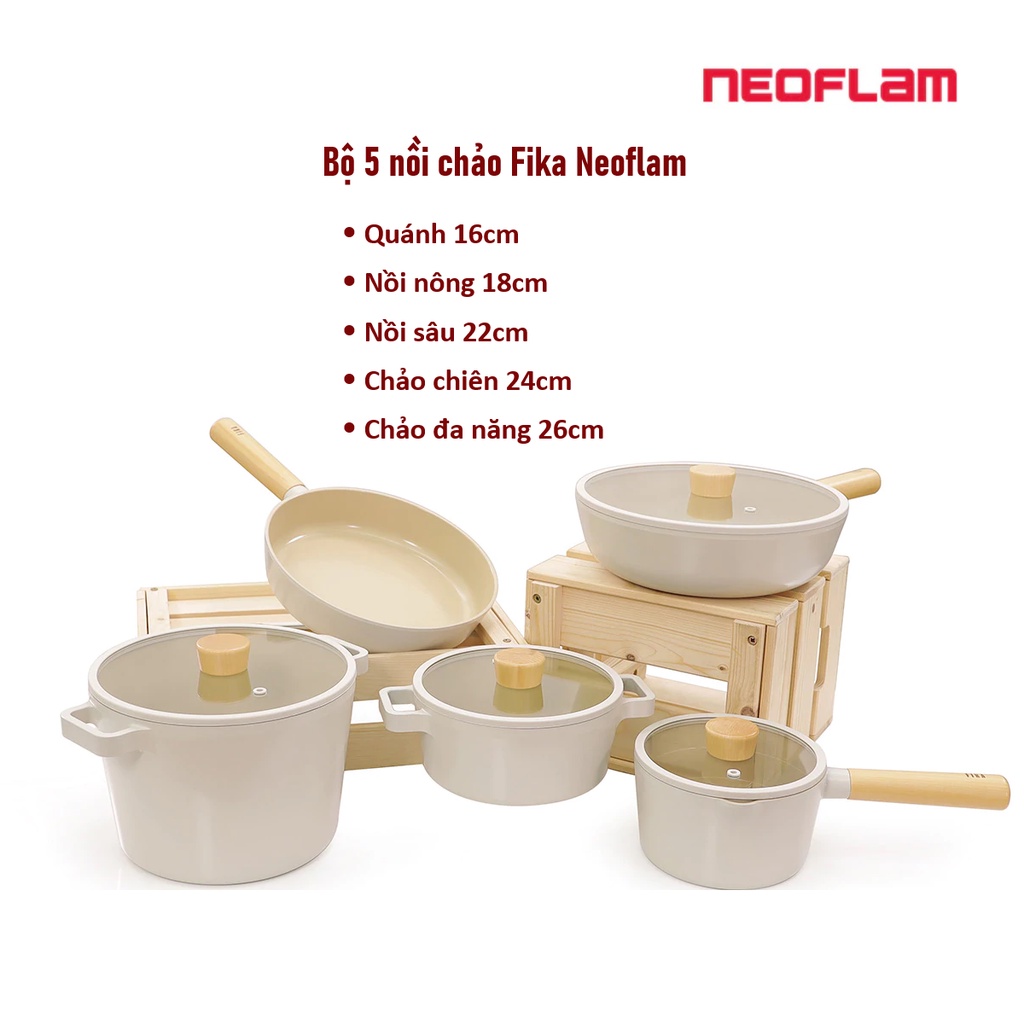 [Chính hãng Neoflam] Bộ 5 nồi chảo chống dính, bếp từ Fika Neoflam - Hàn Quốc (03 phương án lựa chọn)