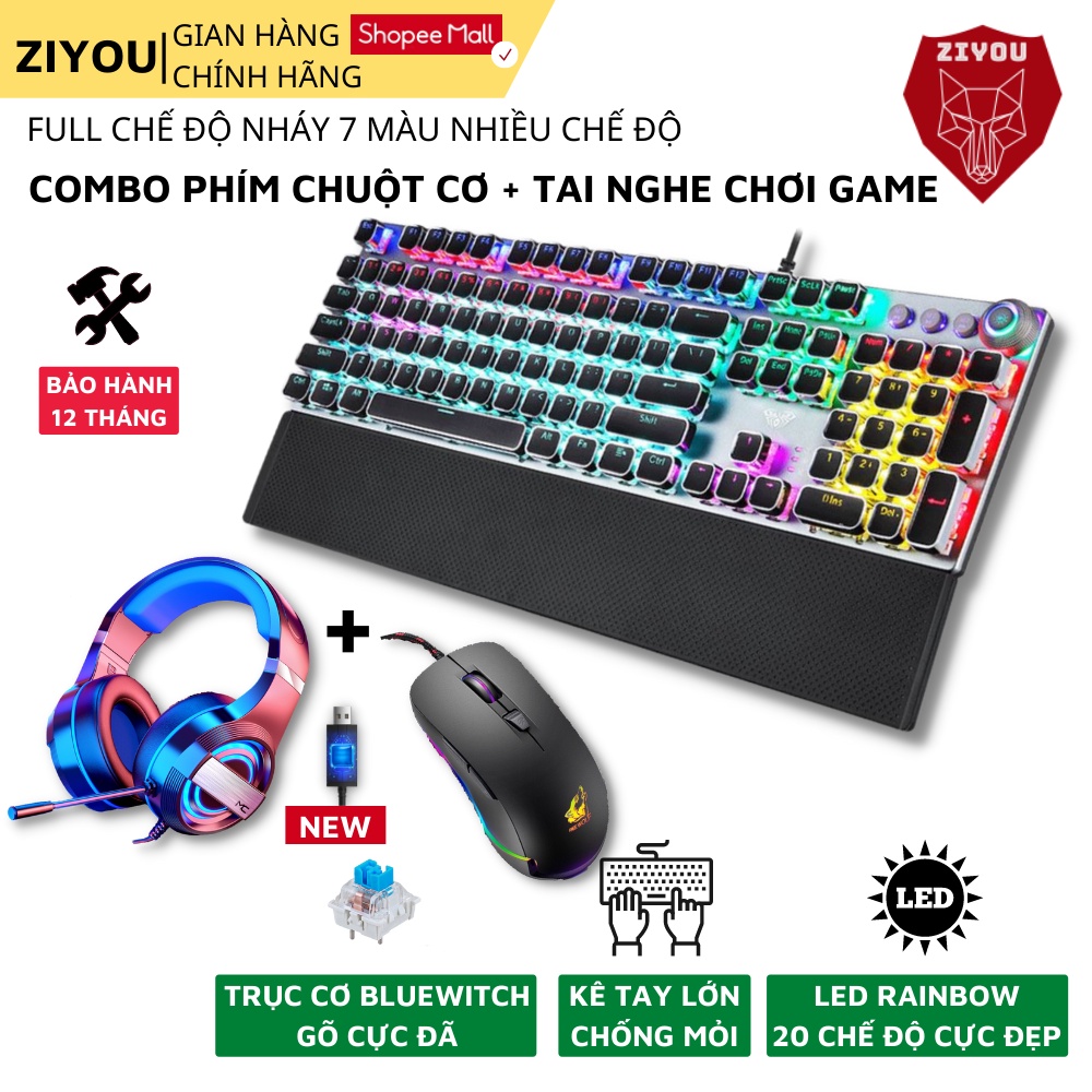 Combo gaming bộ phím chuột và tai nghe chụp tai ZIYOU bàn phím cơ gõ cực đã, full 20 chế độ led, FZ508+V6+Q9