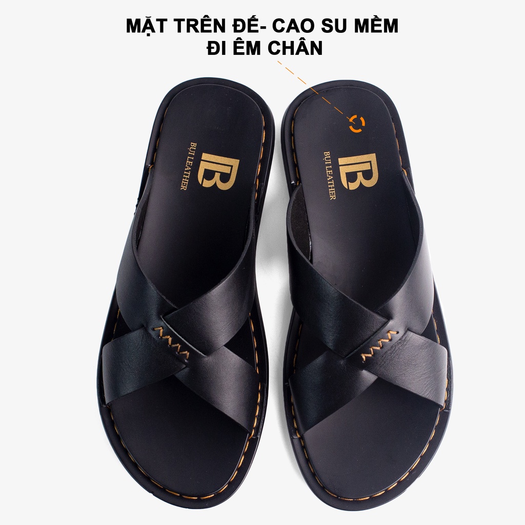 Dép nam quai ngang da bò Nappa cao cấp Bụi Leather E103, đế đúc nguyên khối khâu viền thủ công đi êm chân, BH 12 Tháng