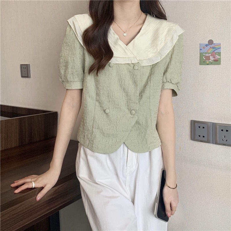 Áo chiffon Ngắn Cổ Lá Sen Phong Cách Pháp Thời Trang Mùa Hè