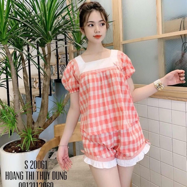 Bộ caro short phối viền ren