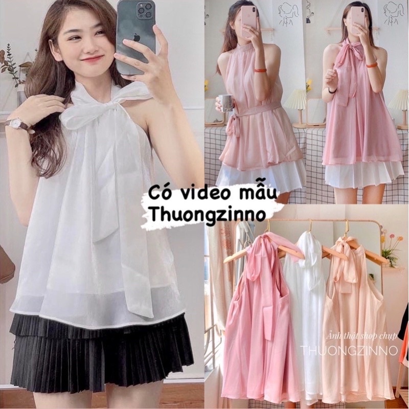 [Ảnh thật/Video]Áo yếm tơ kèm đai thắt eo hoặc làm turban Áo sơ mi tơ mềm