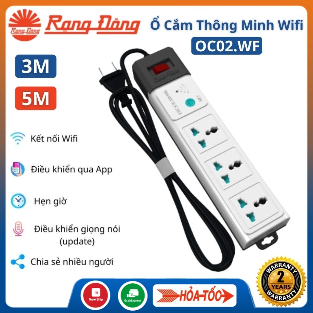 Ổ cắm thông minh wifi Rạng Đông OC02.WF dây dài 3m-5m - Ổ cắm điện đa năng hẹn giờ , điều khiển từ xa - bảo hành 1 năm