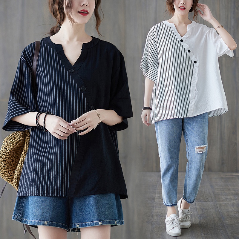 ☻ L O T U S ☻ Áo sơ mi cổ chữ V kẻ sọc plus Size CAL1505