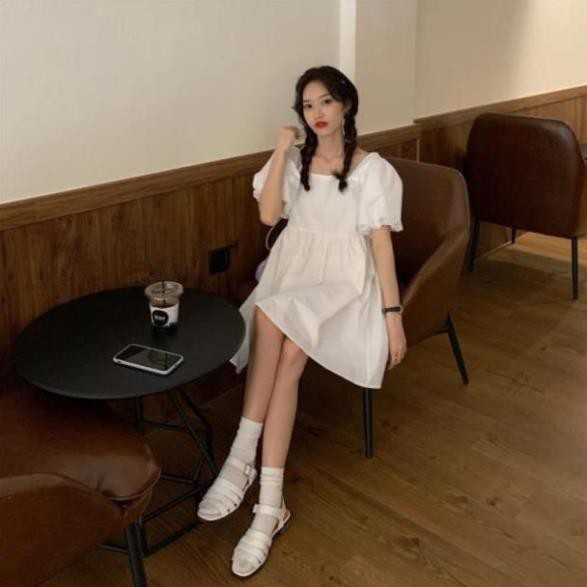 Váy Babydoll Cộc Tay Dáng Xòe Nữ - Đầm suông trơn tay bồng thiết kế cổ vuông Ulzzang