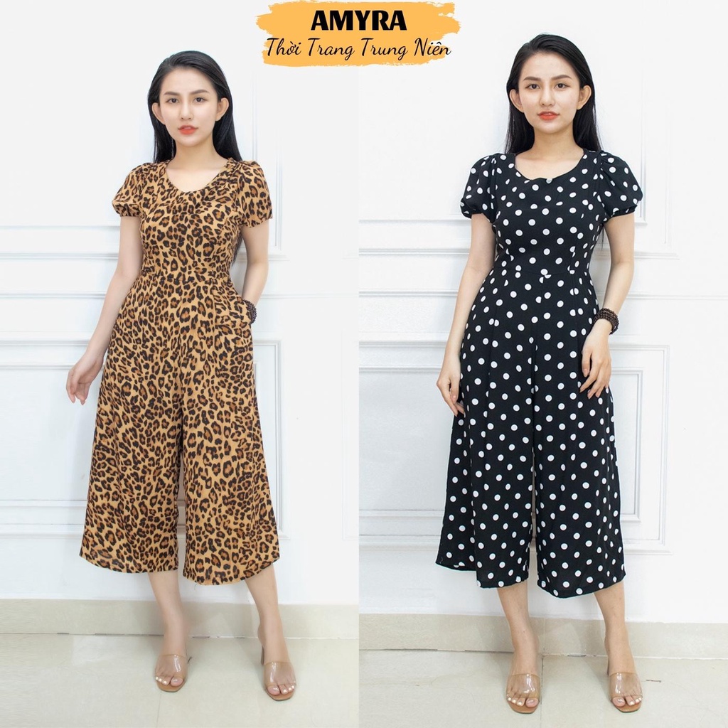 Jumpsuit nữ lanh maxi đi biển mặc nhà tay bo AMYRA -  jump dài ống rộng họa tiết bi beo có túi Ju008