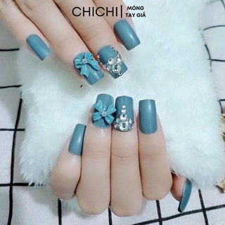 Móng tay giả đính đá thiết kế kèm keo đính nơ giá rẻ bộ 24 móng tặng kèm dũa và phụ kiện dán móng