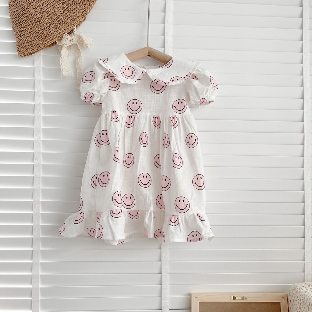 Váy hè cộc tay MẶT CƯỜI cho bé gái 1-6 tuổi-  Chất thô xước mỏng- mềm mát