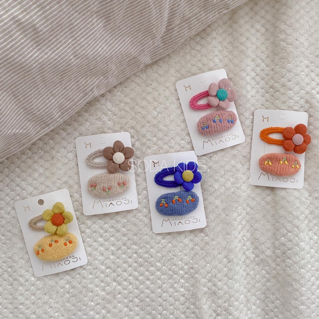 Bộ kẹp tóc len thêu hoa 2 chiếc cho bé gái (Ảnh thật)